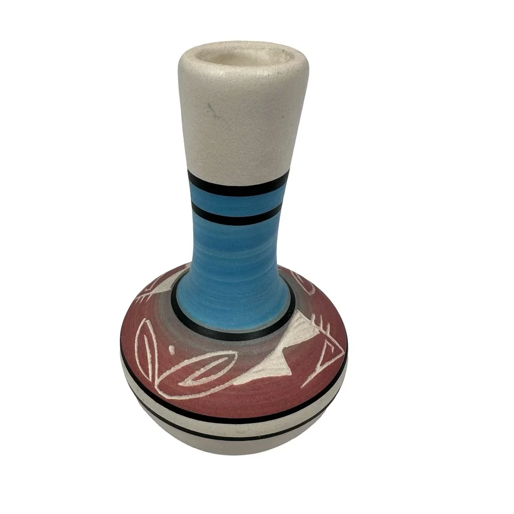 Vintage Navajo Artistic Ceramic‎ Vase Signed Hand Painted Blue Red Geometric